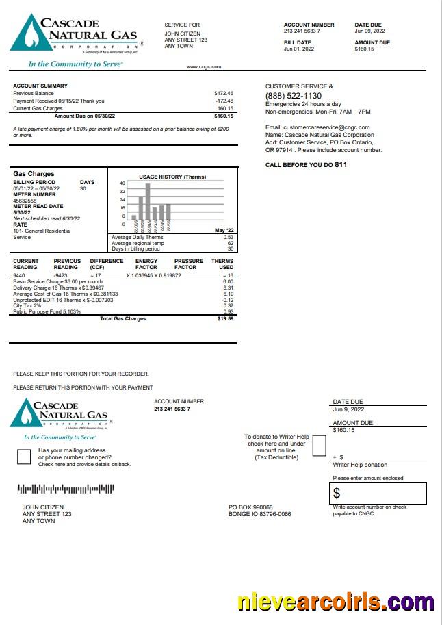 USA Cascade Natural Gas utility bill